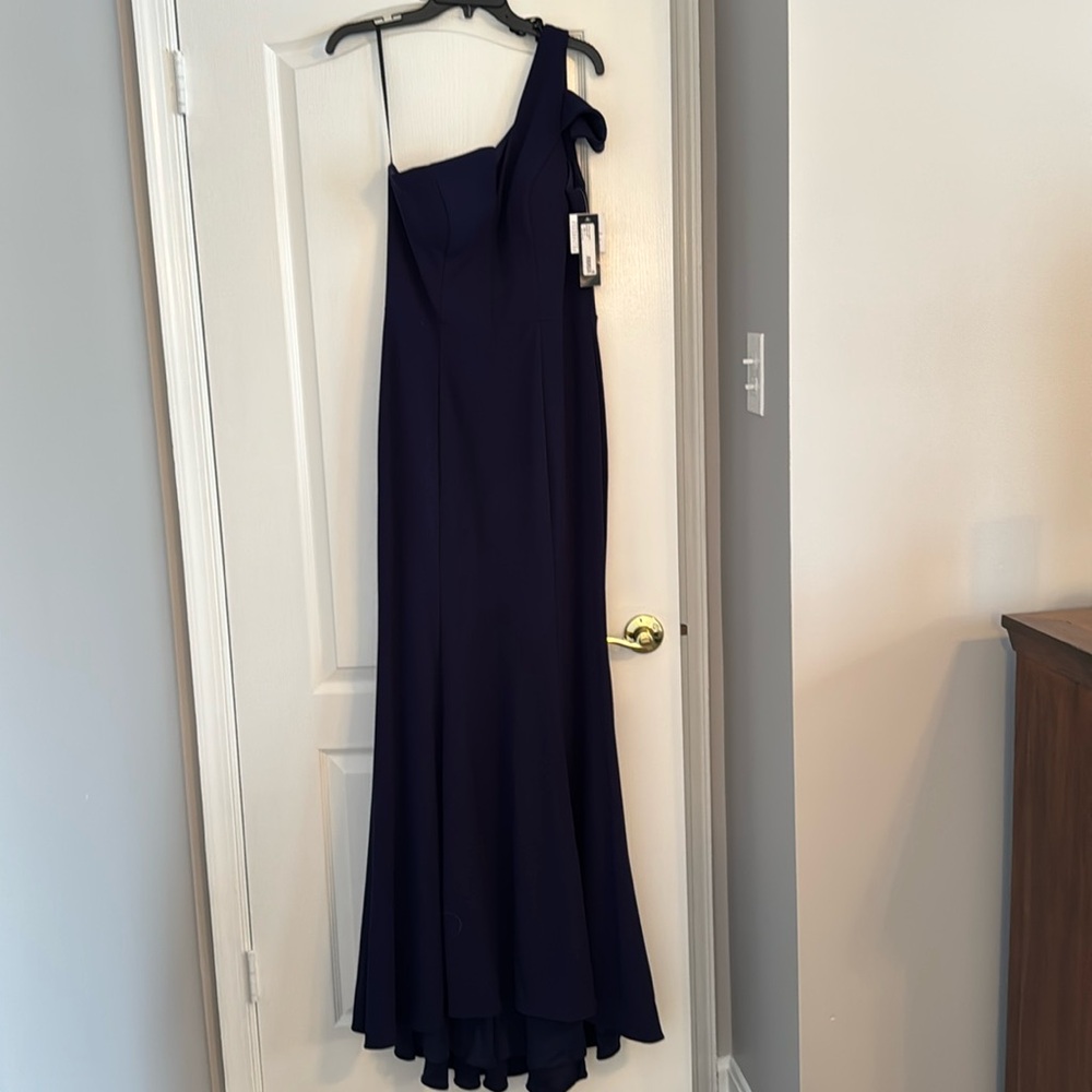 Betsy & Adam’s Paulina Cutout One Shoulder Navy Floor Length Gown, Size 14